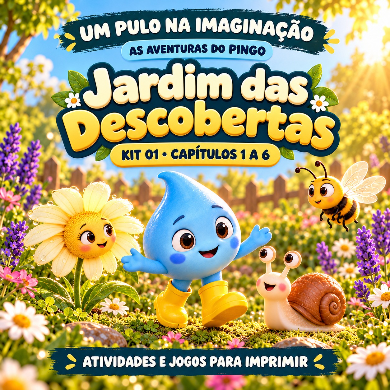 Capa do Kit Pingo 01 — Jardim das Descobertas, com Pingo, Flora, Tico e Belinha