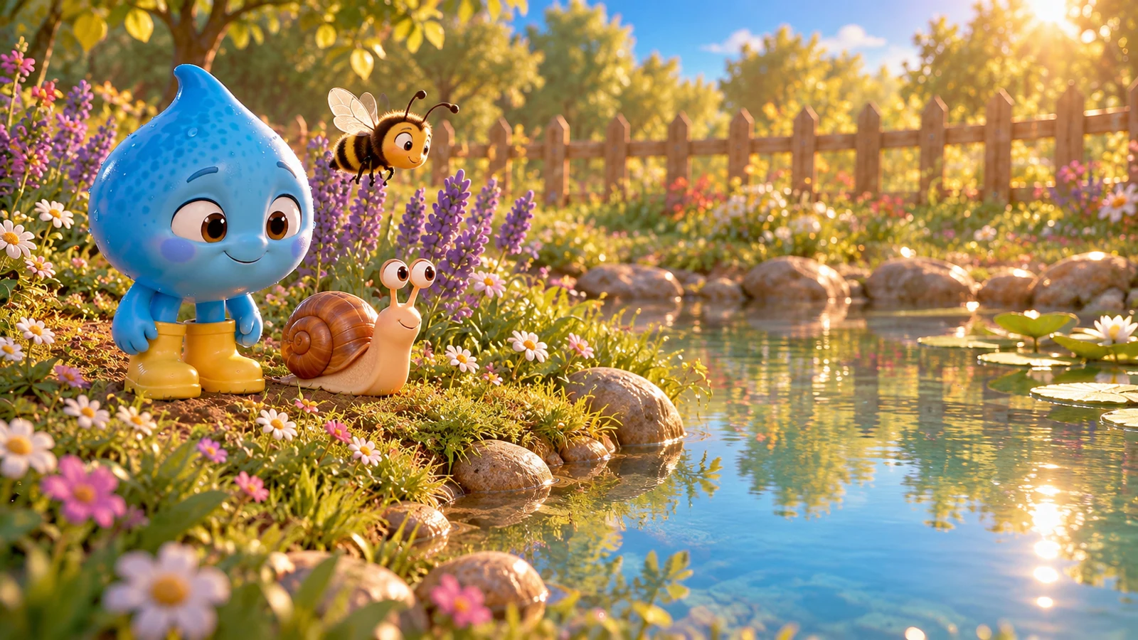 Pingo, uma gotinha azul de botas amarelas, com Tico e Belinha junto a um lago em um jardim florido